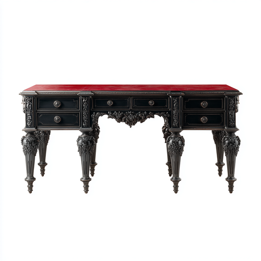 Schreibtisch - Massivholzrahmen und Kunstleder-Arbeitsfläche - 160x72x75 cm - Schwarz-Rot - barockes Design-Denuploft