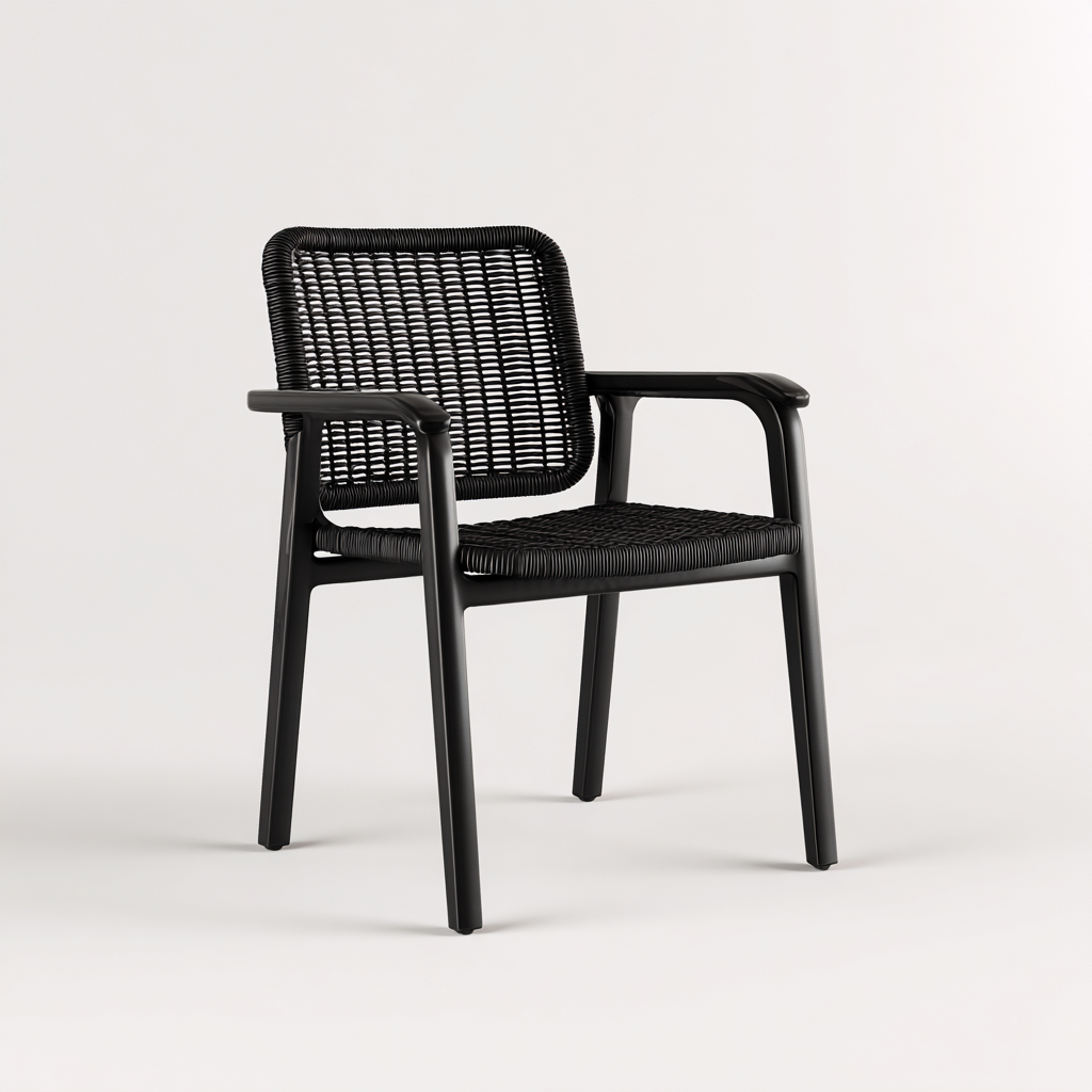 Gartenstuhl Kunststoffgeflecht 60x58x86 cm - Schwarz - Mit Armlehnen und geflochtenem Sitz- und Rückenbereich-Denuploft