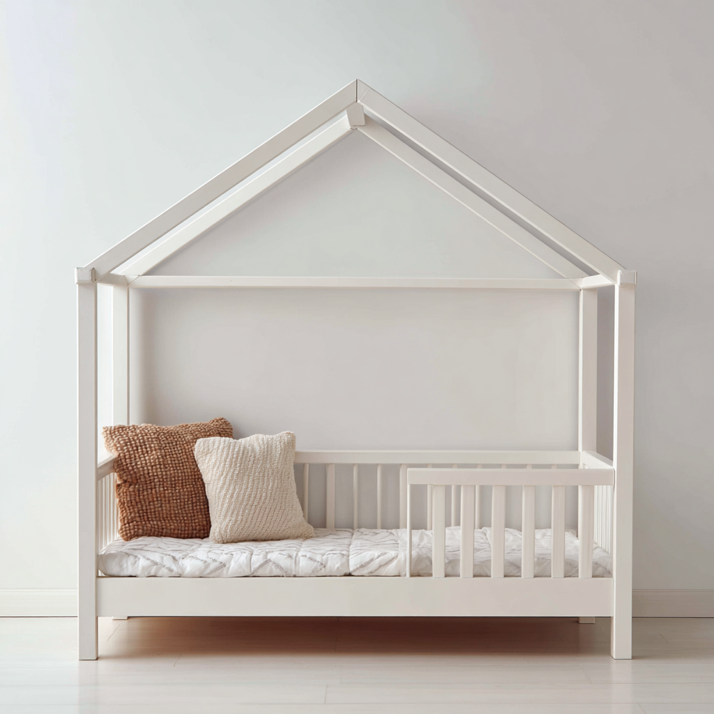 Kinderbett Holzhaus-Design 200x120x160 cm - Weiß - Mit Dachrahmen und Geländern-Denuploft