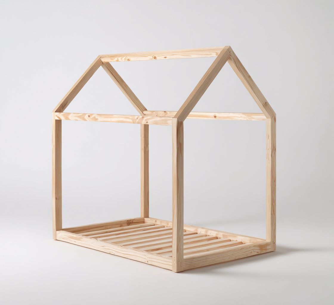 Kinderbett Holzhaus-Design 200x120x170 cm - Natur - Mit Dachrahmen und Lattenrost-Denuploft