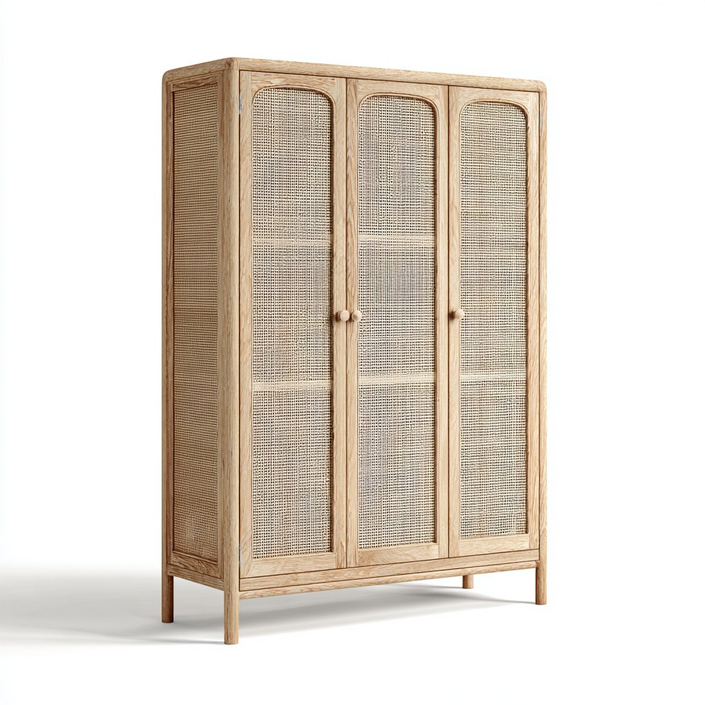 Kleiderschrank mit drei Türen - 148x58x198 cm - holzfarben - Retro-Stil mit Rattanfronten-Denuploft