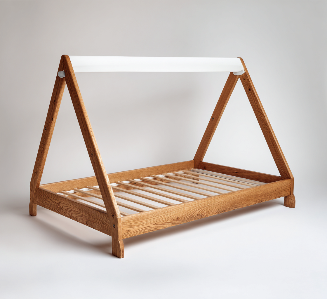 Kinderbett Holz 200x100x145 cm - Weiß-Natur - Mit Tipi-Rahmen und Lattenrost-Denuploft