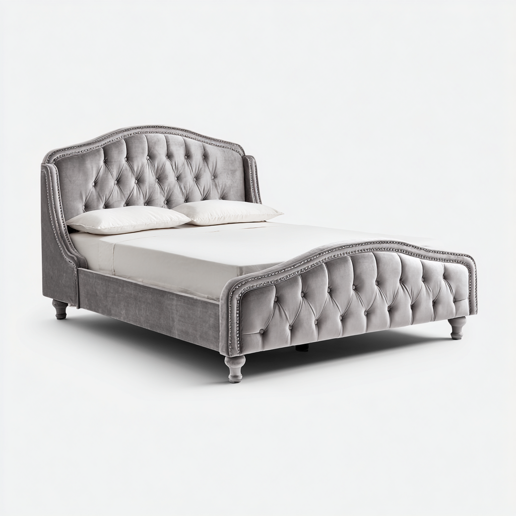 Doppelbett Samtstoffrahmen 215x195x125 cm - Grau - Gepolstertes Kopf- und Fußteil im Chesterfield-Stil-Denuploft