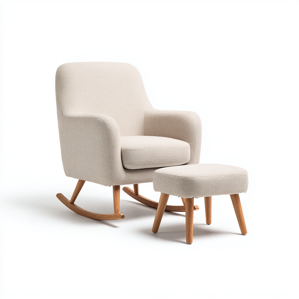 Schaukelstuhl aus Stoff und Holz mit Hocker - 94x82x92 cm - beige - moderner Stil-Denuploft