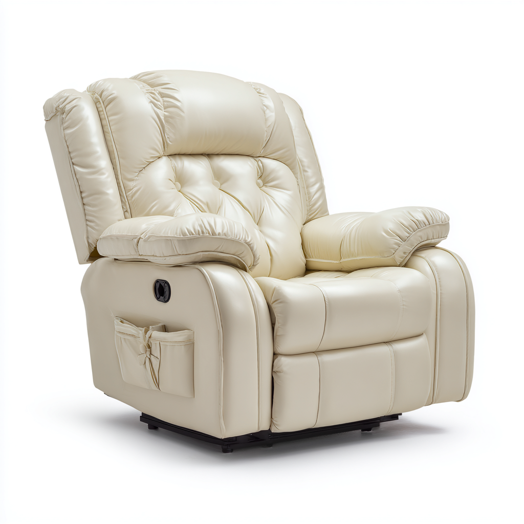 Liegesessel aus Echtleder - 103x98x104 cm - creme - Komfortsessel mit Seitentasche und dicker Polsterung-Denuploft