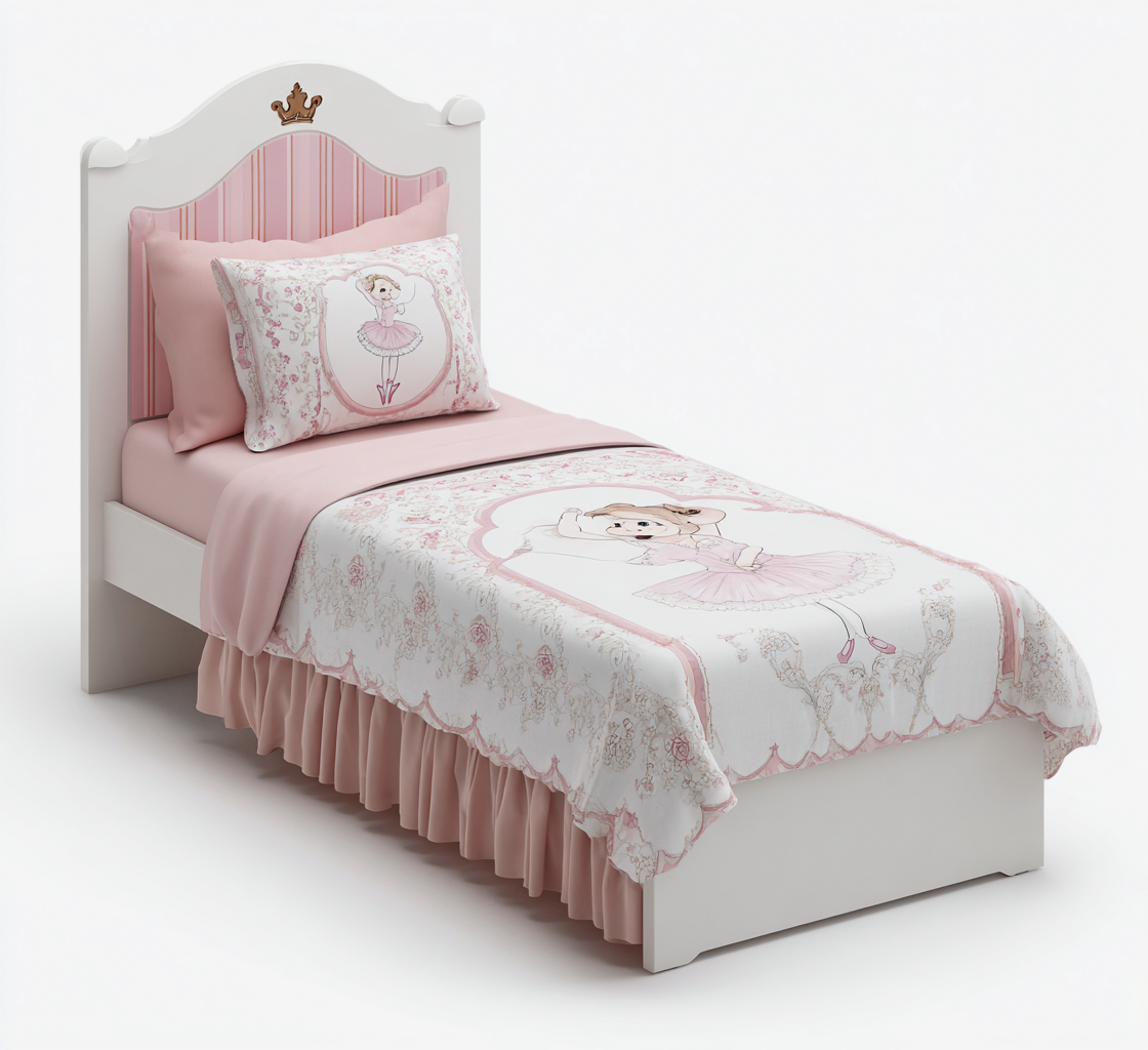 Kinderbett Holz 200x100x120 cm - Weiß-Rosa - Mit Krone und Ballettmotiv-Denuploft