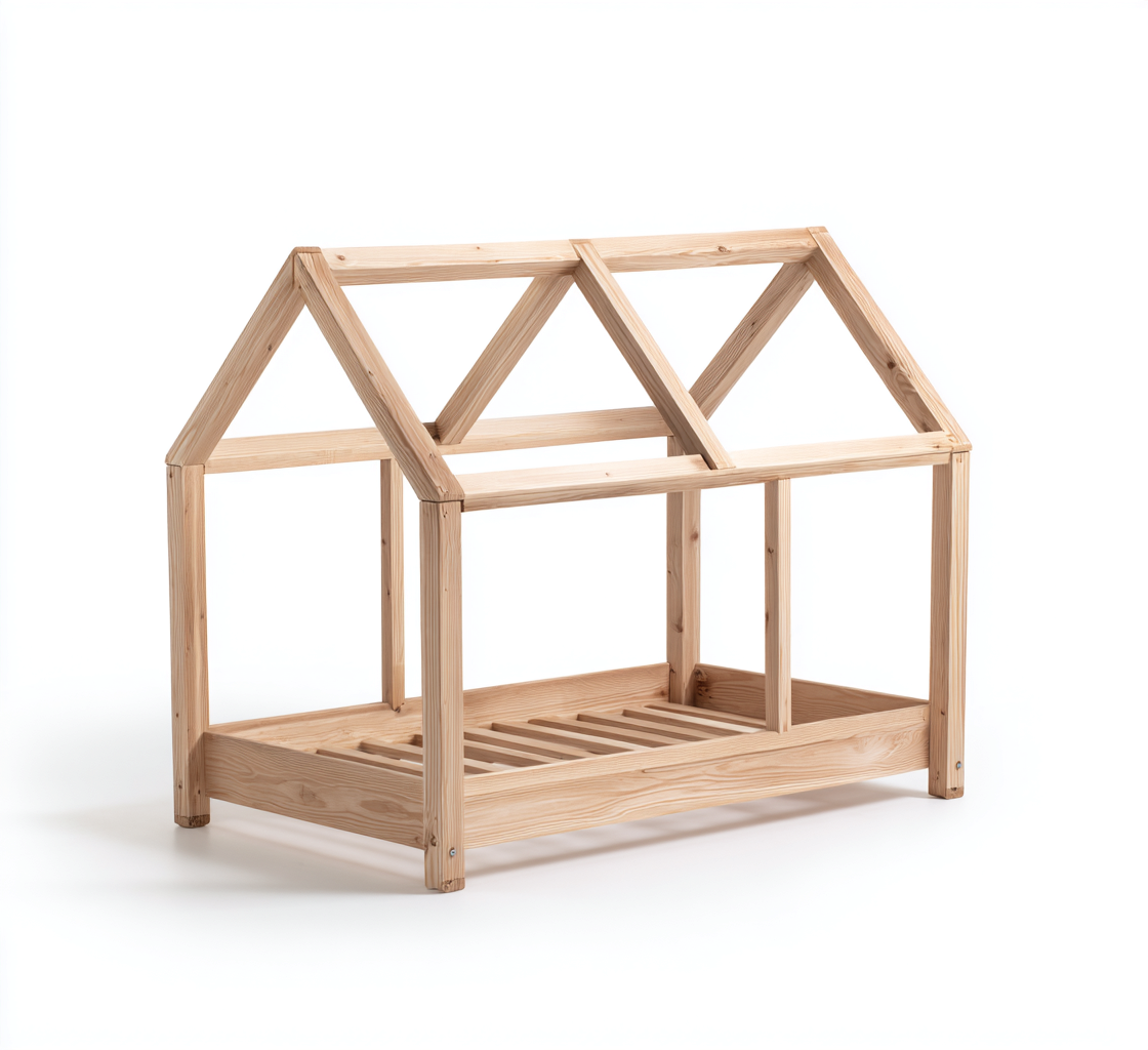 Kinderbett aus Massivholz 180x80x150 cm - Naturfarbe - Hausform - geeignet für Kinderzimmer-Denuploft