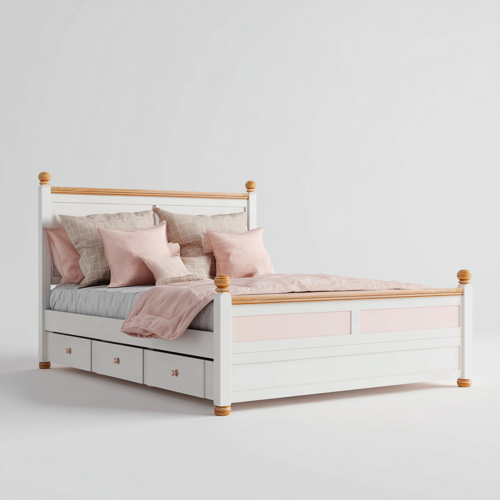 Kinderbett Holz 200x140x100 cm - Weiß-Rosa - Mit Stauraum-Denuploft