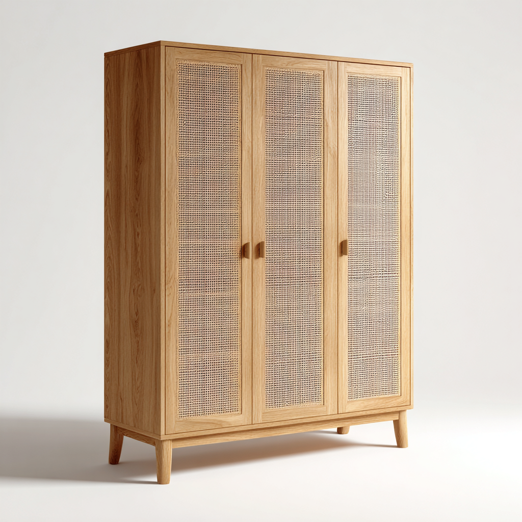 Kleiderschrank mit drei Türen - 150x60x200 cm - holzfarben - skandinavisch mit Rattandetails-Denuploft