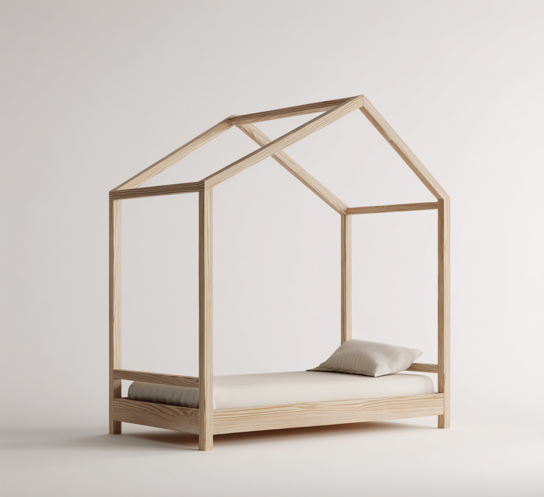 Kinderbett Holzhaus-Design 200x100x180 cm - Natur - Mit Dachrahmen-Denuploft