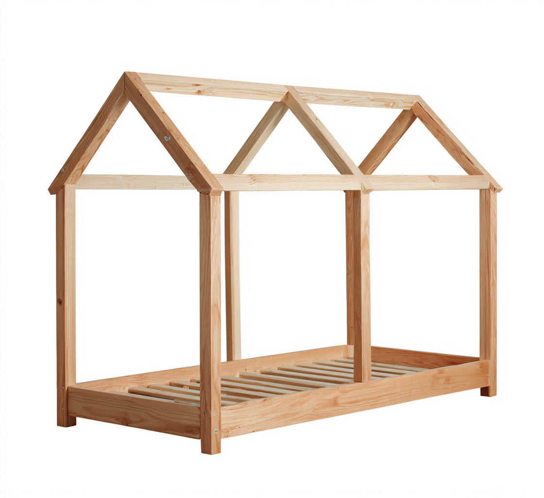 Kinderbett aus Massivholz 200x90x160 cm - Naturfarbe - Hausform - geeignet für Kinderzimmer-Denuploft