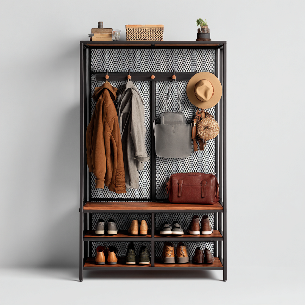 Garderobenständer Metall Holz 180x90x35 cm - Schwarz-Dunkelbraun - Modernes Design-Denuploft