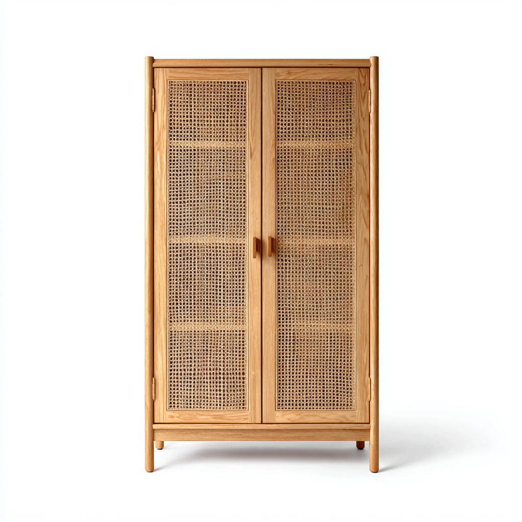 Kleiderschrank mit Doppeltüren - 120x55x190 cm - holzfarben - Retro-Stil mit Rattanfronten-Denuploft