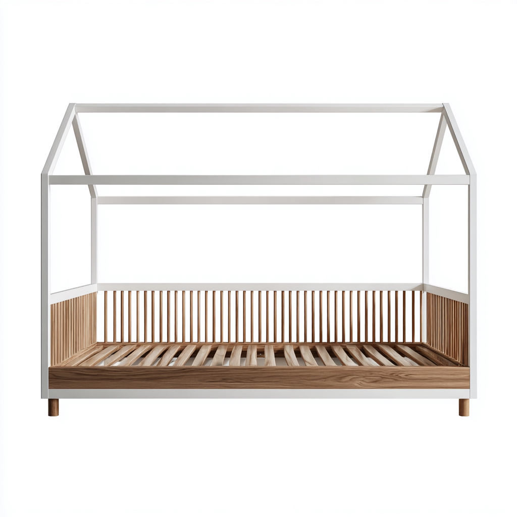 Kinderbett Holz 200x120x160 cm - Weiß-Natur - Mit Hausrahmen und 3 Schutzgeländern-Denuploft