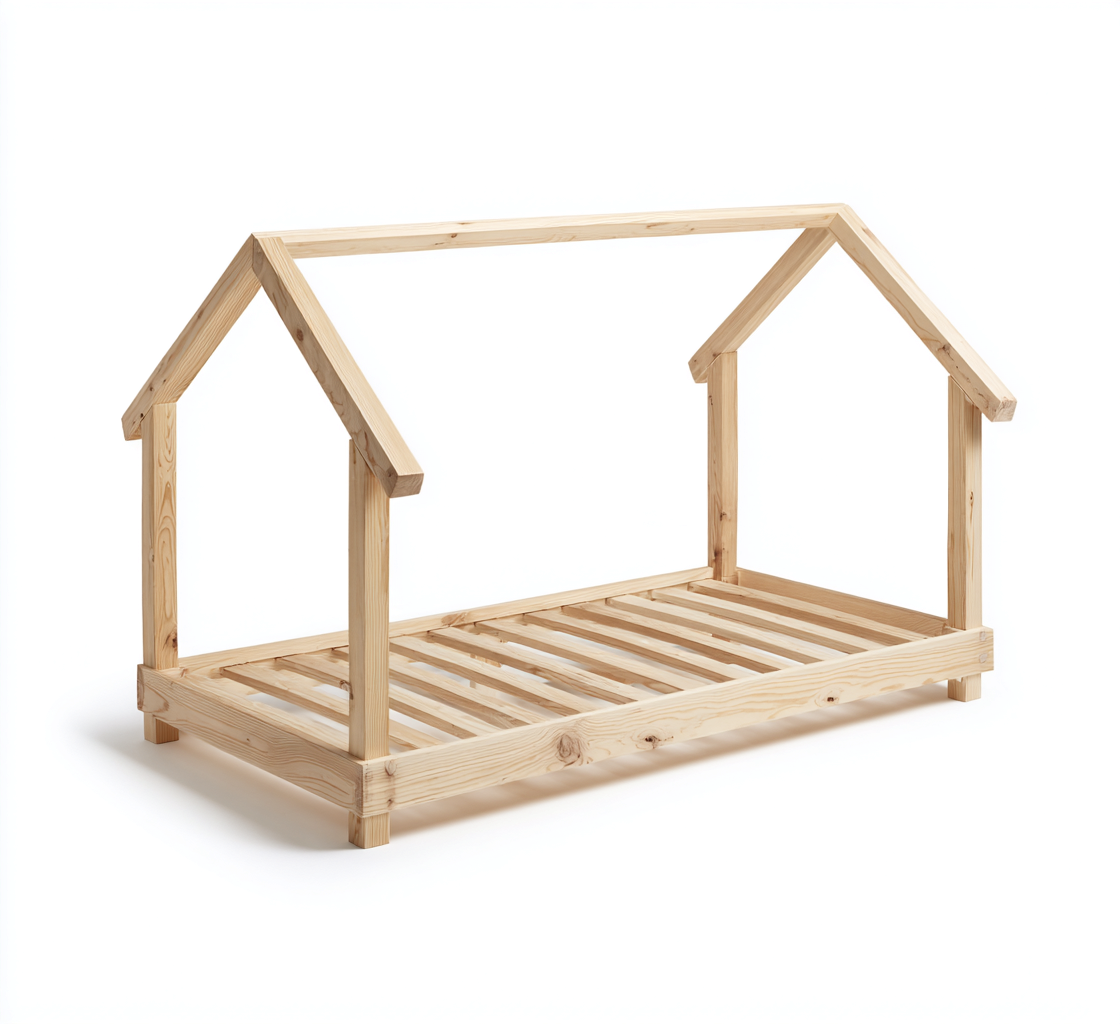 Kinderbett Holzhaus-Design 200x100x140 cm - Natur - Mit Dachrahmen und Lattenrost-Denuploft