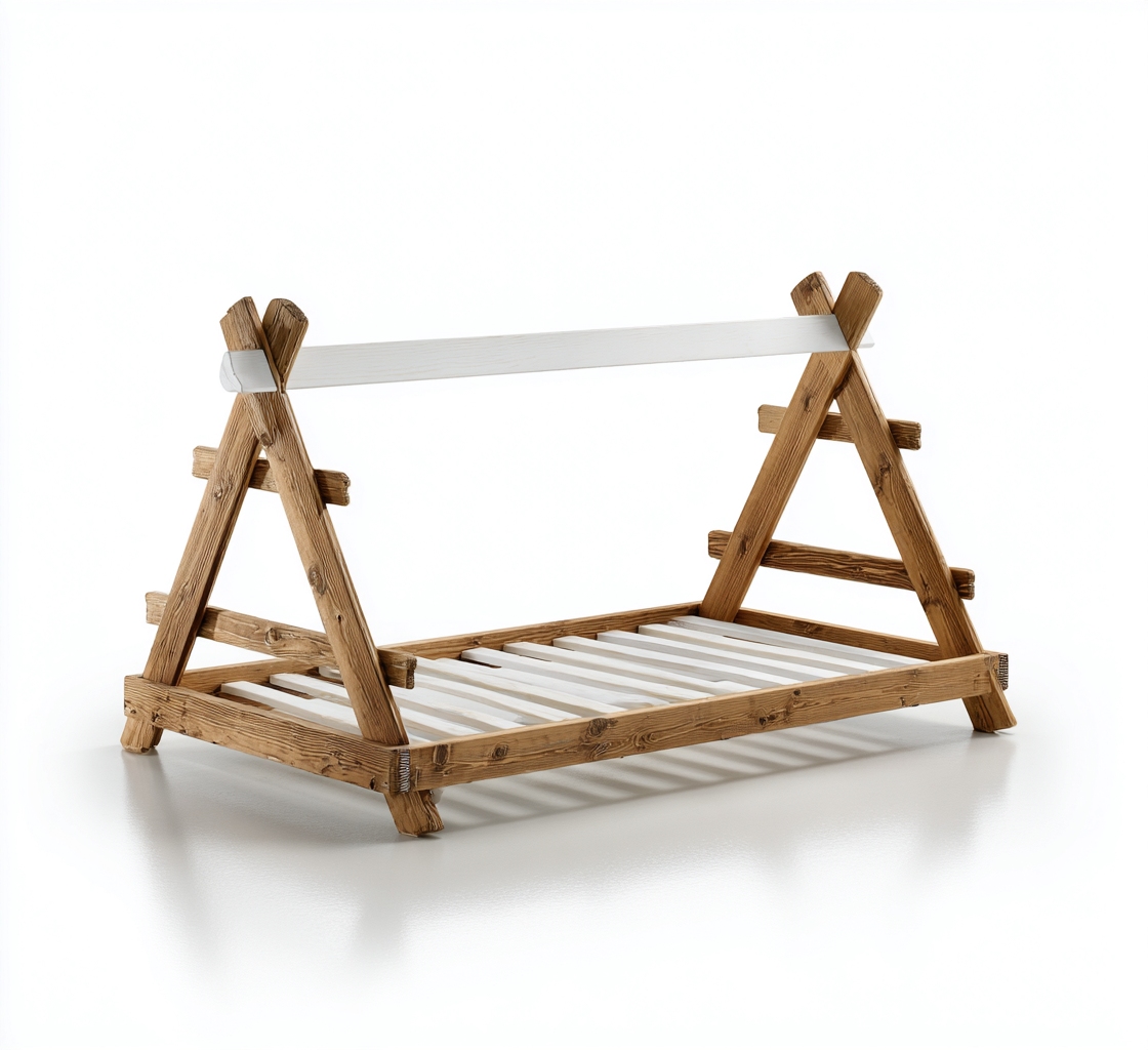 Kinderbett Holz 200x100x145 cm - Weiß-Natur - Mit Tipi-Rahmen und Massivholzstruktur-Denuploft