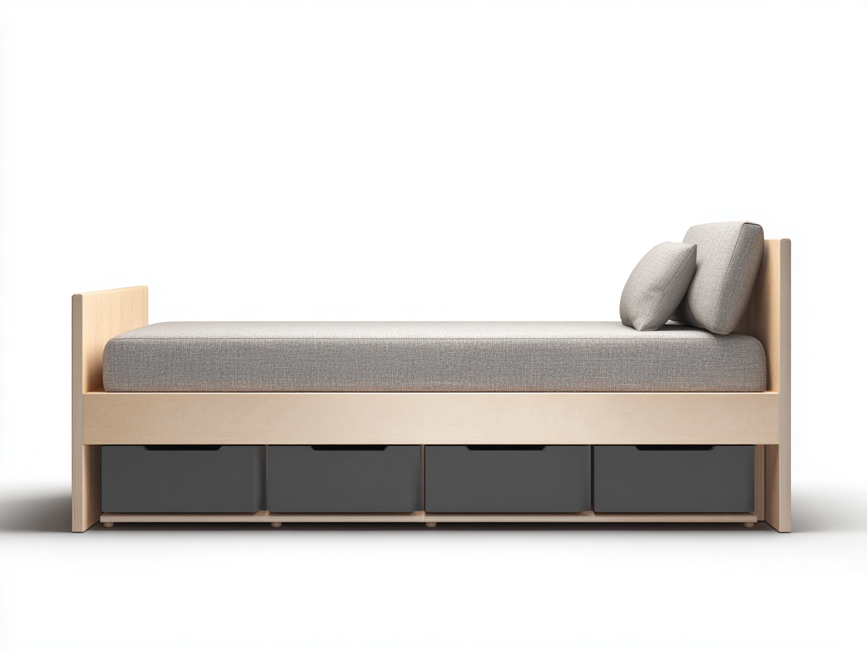 Lit simple en bois avec rangement intégré 200x90x60 cm - tissu gris et bois naturel - design moderne-Oakgoyard