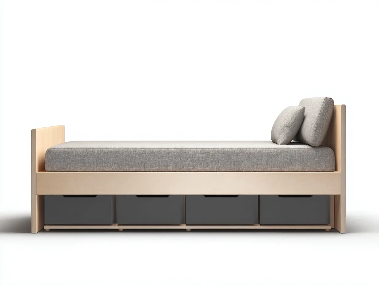 Lit simple en bois avec rangement intégré 200x90x60 cm - tissu gris et bois naturel - design moderne-Oakgoyard