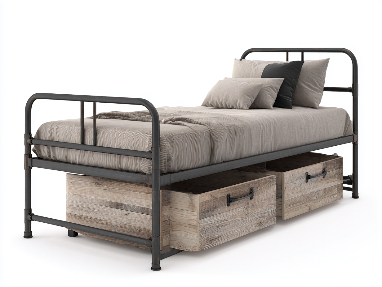 Lit simple métal et bois 200x90x90 cm - noir-bois clair - avec rangements intégrés-Oakgoyard