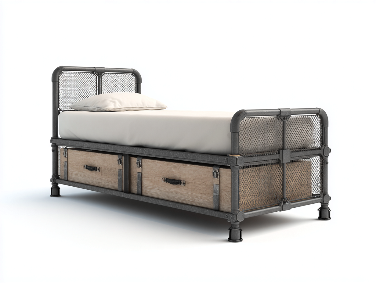 Lit simple en métal et bois 190x90x95 cm - gris anthracite - style industriel avec rangement-Oakgoyard