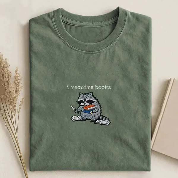 I Require Books Raccoon Embroidered T-shirt