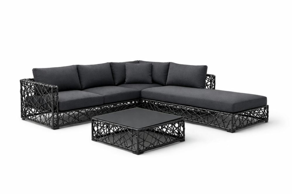 Canapé d'angle en résine tressée avec coussins en tissu noir