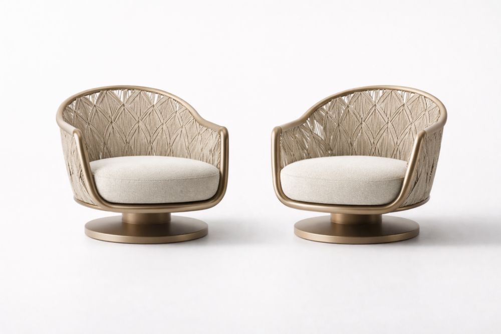 Fauteuil pivotant avec dossier tissé en corde aluminium diamètre 90 cm Beige