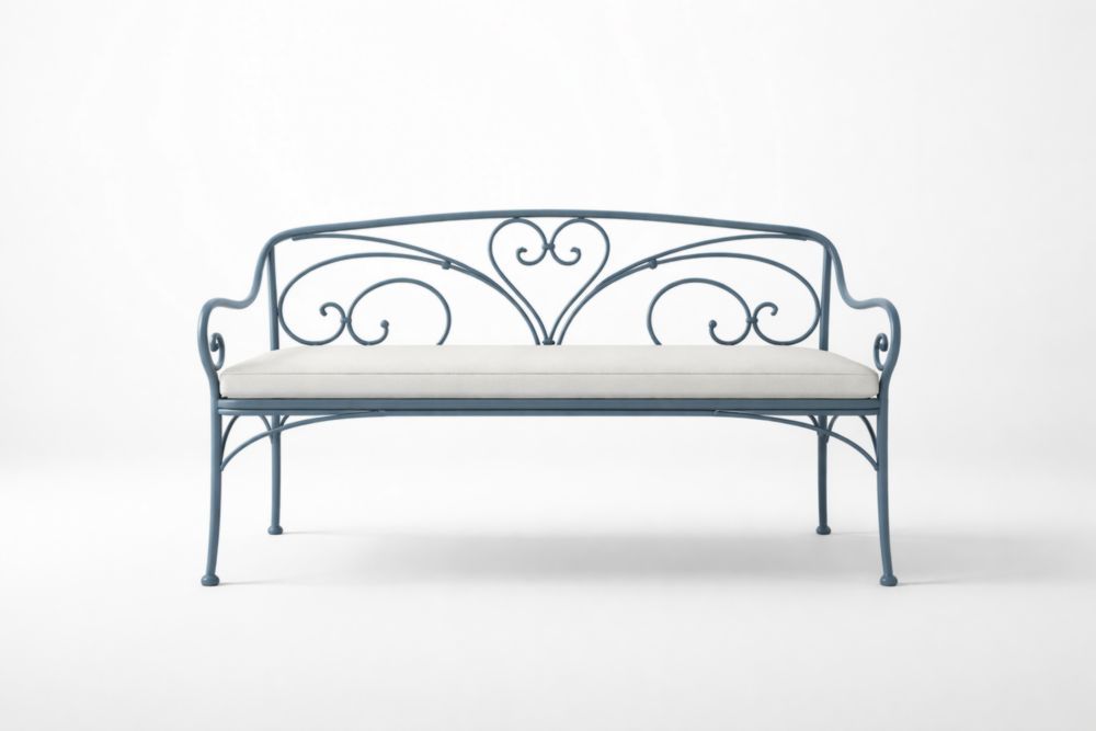 Banc en fer forgé avec coussin en tissu bleu et écru