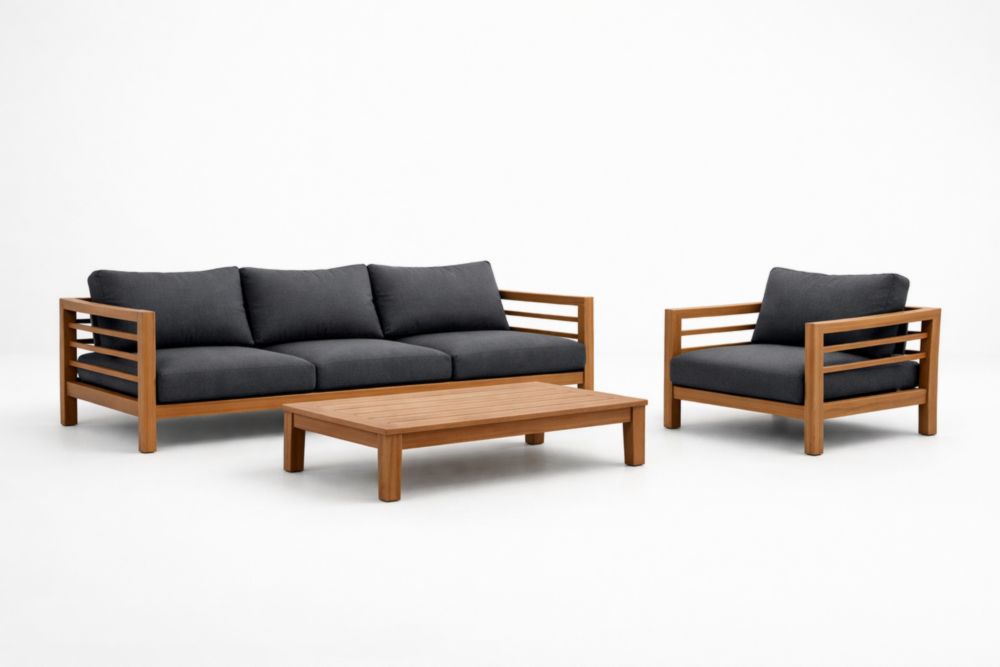 Ensemble de meubles de jardin en bois massif d'acacia avec coussins en polyester gris