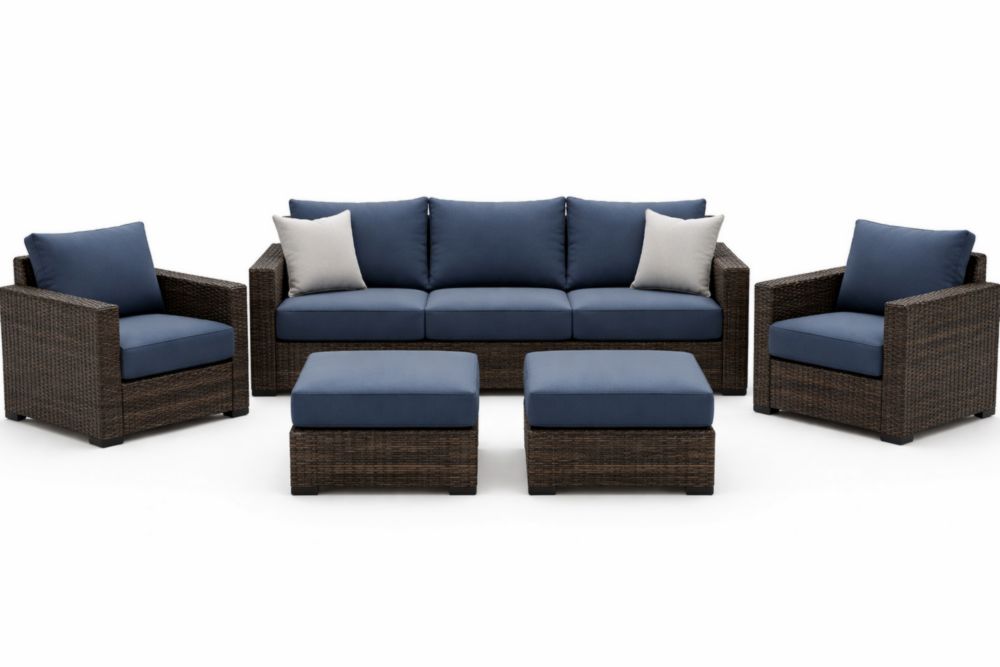 Ensemble de Salon en Résine Tressée 5 Pièces Bleu