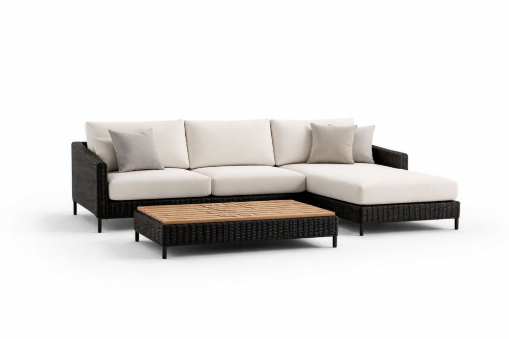 Canapé d'angle en rotin synthétique avec table basse en bois massif