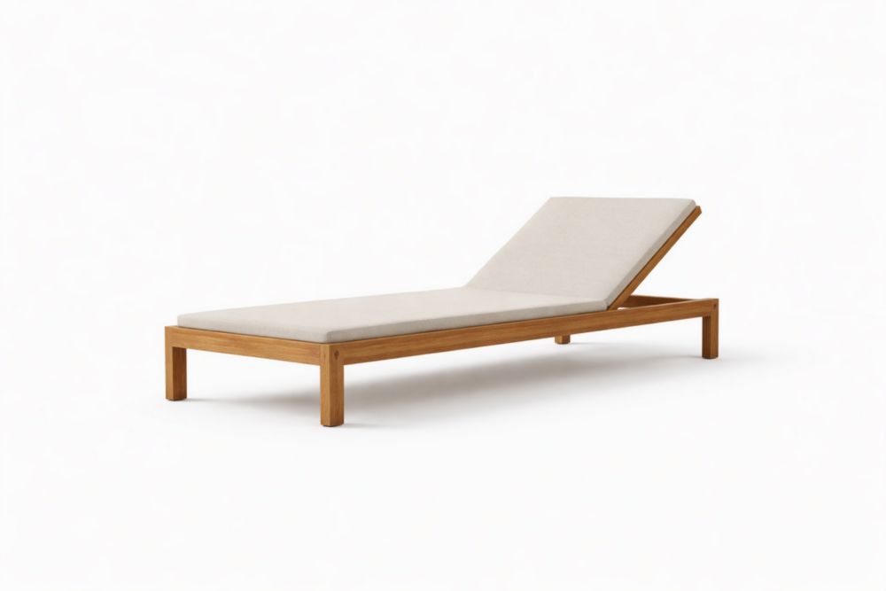 Chaise longue en teck avec coussin en polyester beige