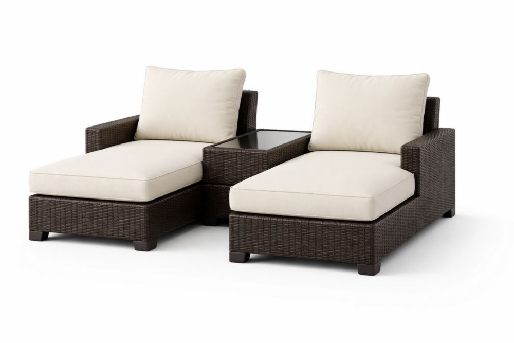 Ensemble méridienne double en résine tressée avec coussins beiges et structure marron