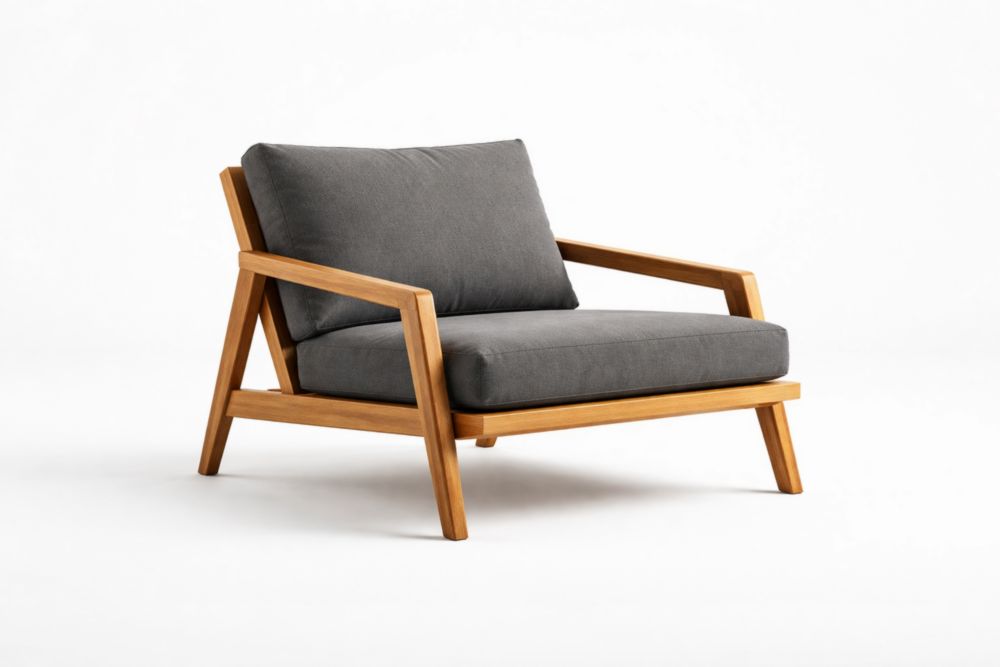Fauteuil en bois de chêne avec coussins en tissu gris