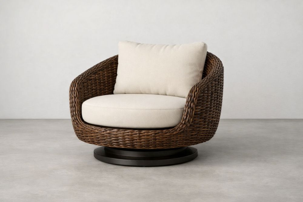 Fauteuil pivotant en résine tressée avec coussins en polyester beige