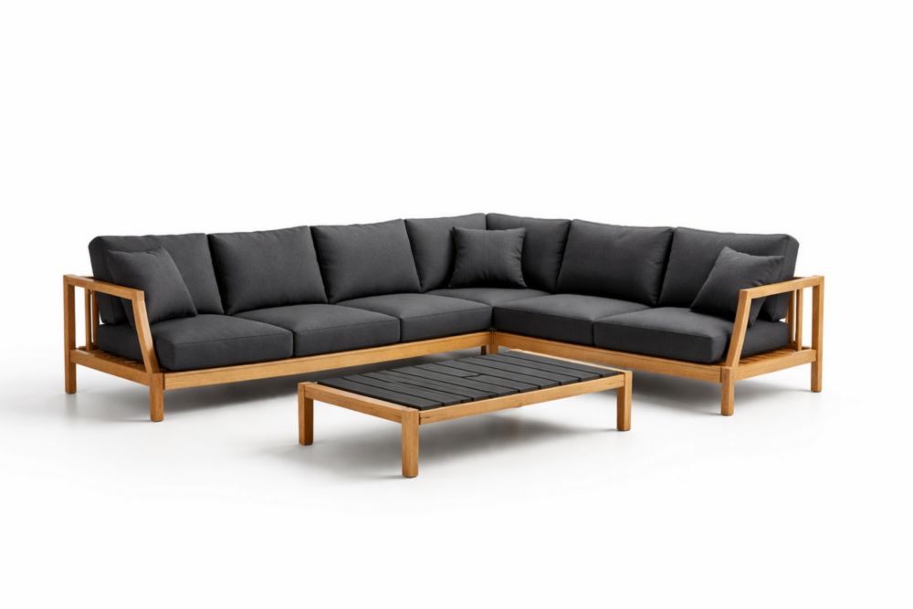 Canapé d'Angle Extérieur en Teck avec Coussins Gris