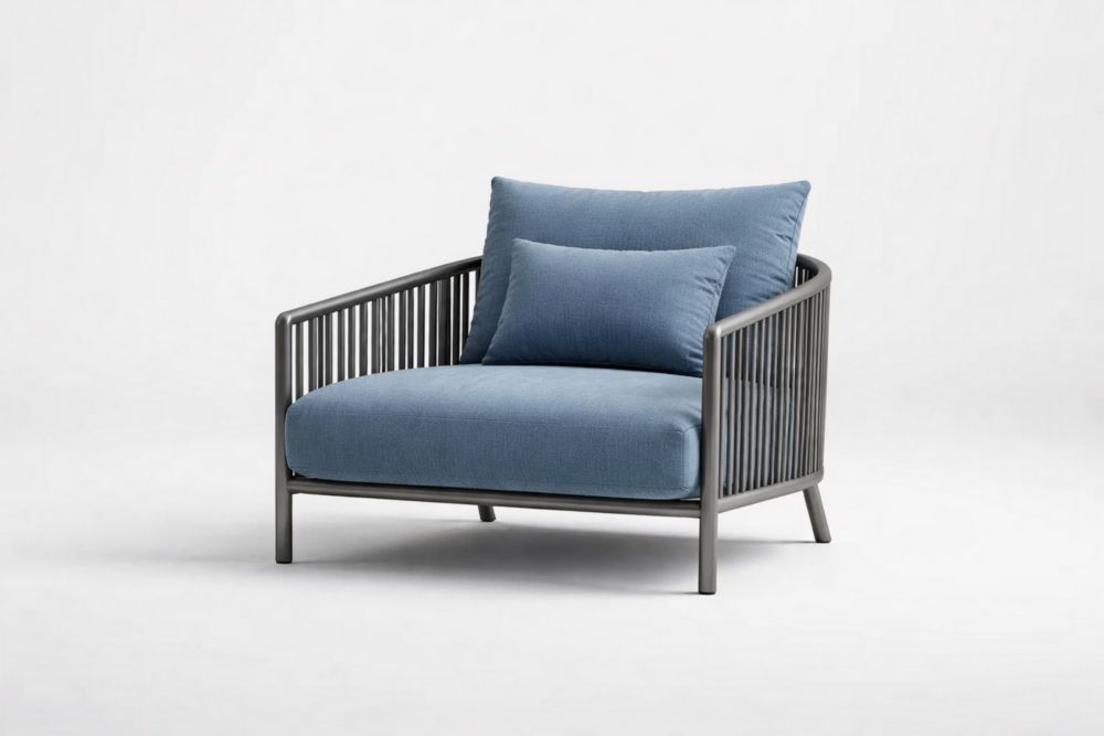 Fauteuil d'extérieur en aluminium avec coussins en textile bleu
