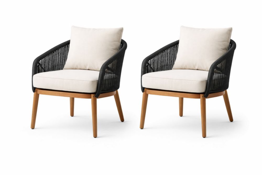 Lot de 2 fauteuils en corde et bois d'acacia avec coussins beige/noir