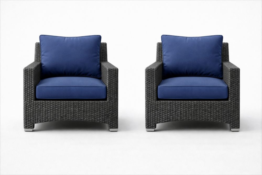 Fauteuils de Jardin en Résine Tressée avec Coussins Bleus x2