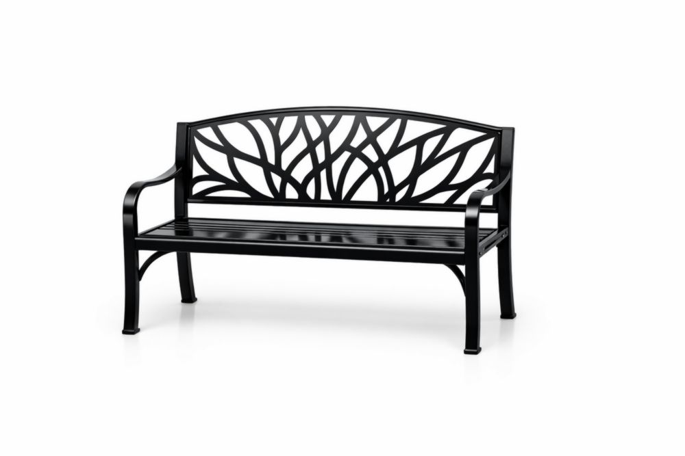 Banc extérieur en acier noir à motif végétal