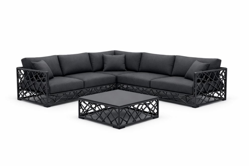 Ensemble de canapé d'angle et table basse en aluminium et tissu noir