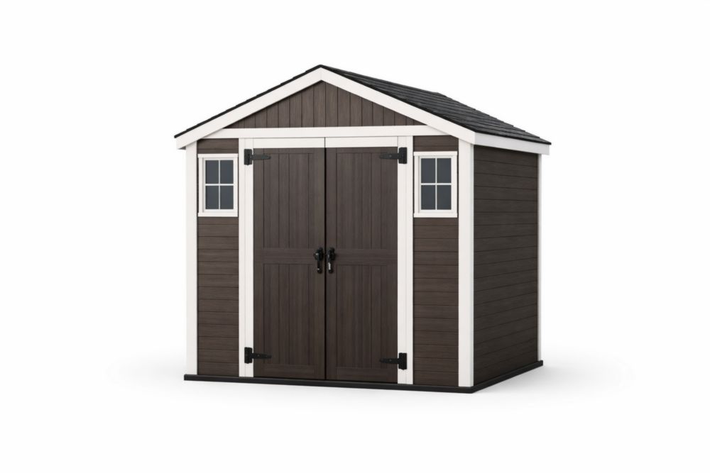 Abri de jardin en résine marron et blanc avec double porte et fenêtres