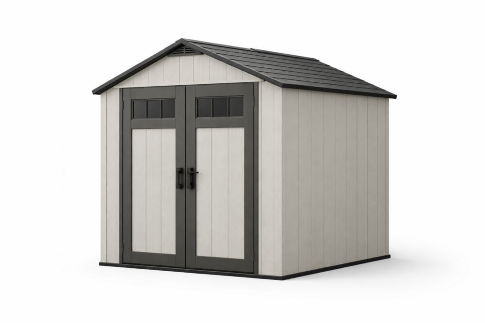 Abri de jardin en résine gris avec toit en pente et portes doubles