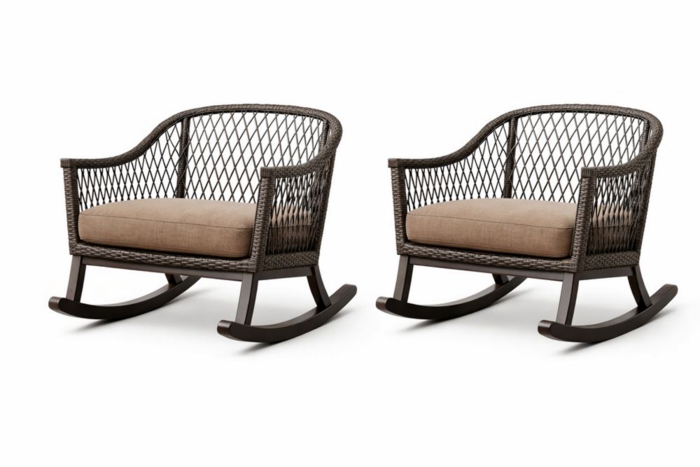 Lot de 2 fauteuils à bascule en rotin synthétique et acier avec coussin marron