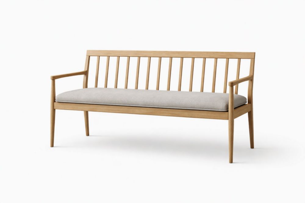 Banc en bois massif avec assise en tissu gris