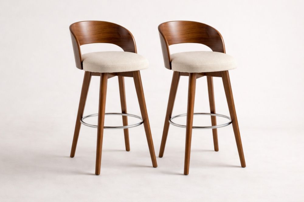 Tabourets de bar en bois massif avec dossier incurvé et siège en tissu beige, ensemble de 2