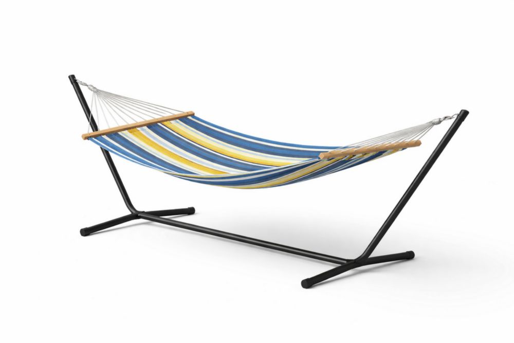 Hamac en coton à rayures bleues et jaunes avec support en acier
