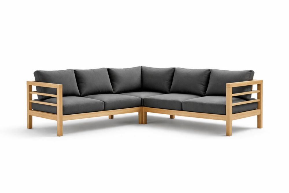 Canapé d'angle en bois massif et coussins gris