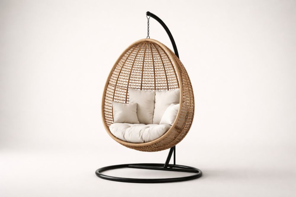 Fauteuil Suspendu en Rotin avec Support Acier et Coussin Beige