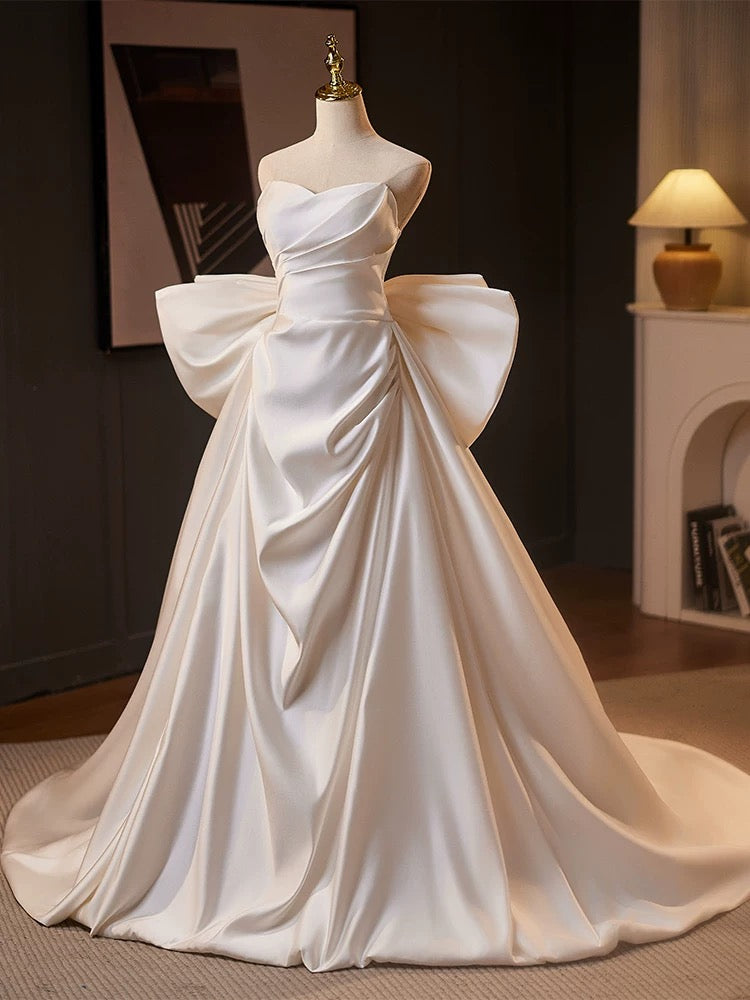 sweetheart-satin-sweep-train-white-long-prom-dress-with-bow-tie